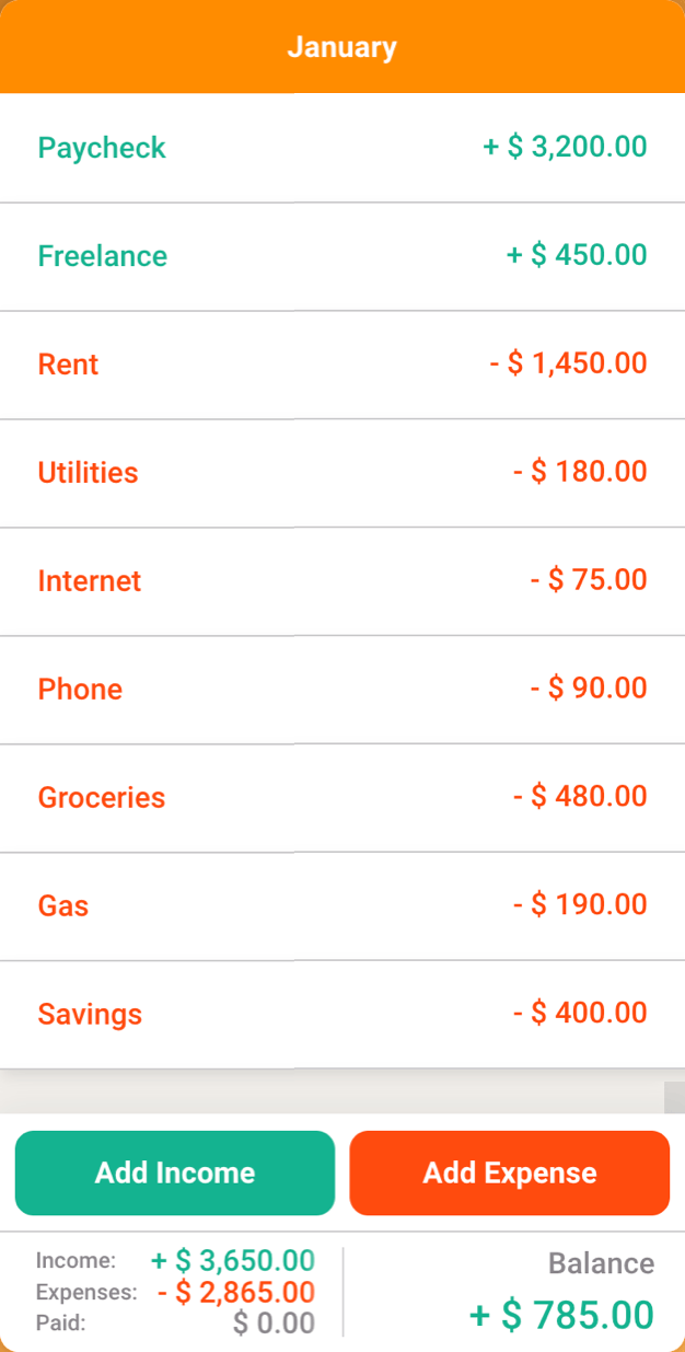 Fudget desktop budget app showing monthly income and expenses